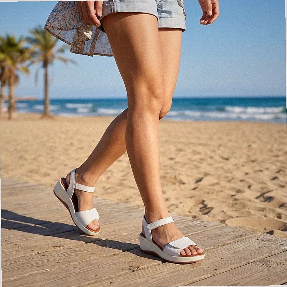 Bequeme Leder Sandalen mit weißem Keilabsatz - Damen Schuhe Sandalen