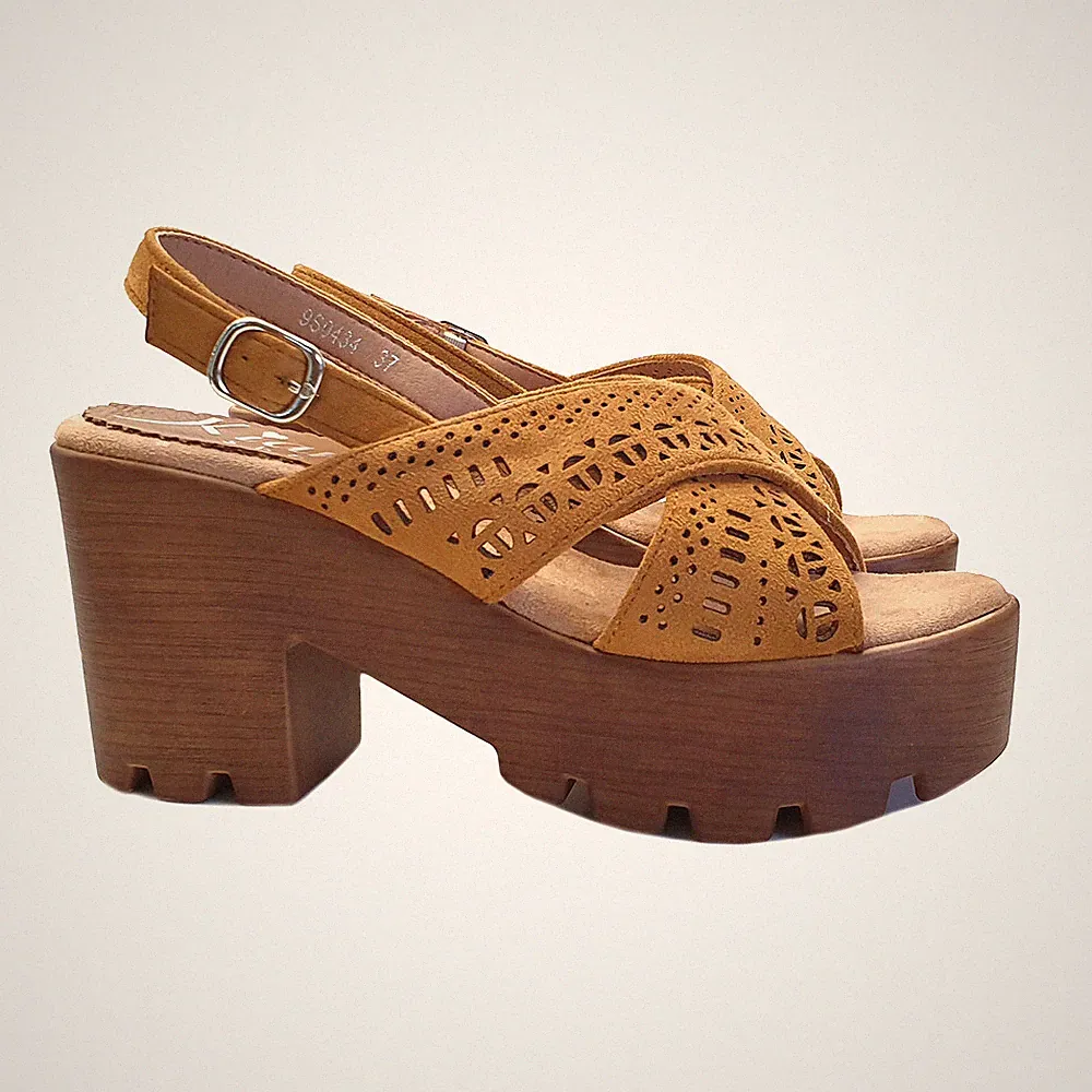 Bequeme Sandalen Absatz 9 cm verstellbarer Riemchen - KC9504 CAMEL