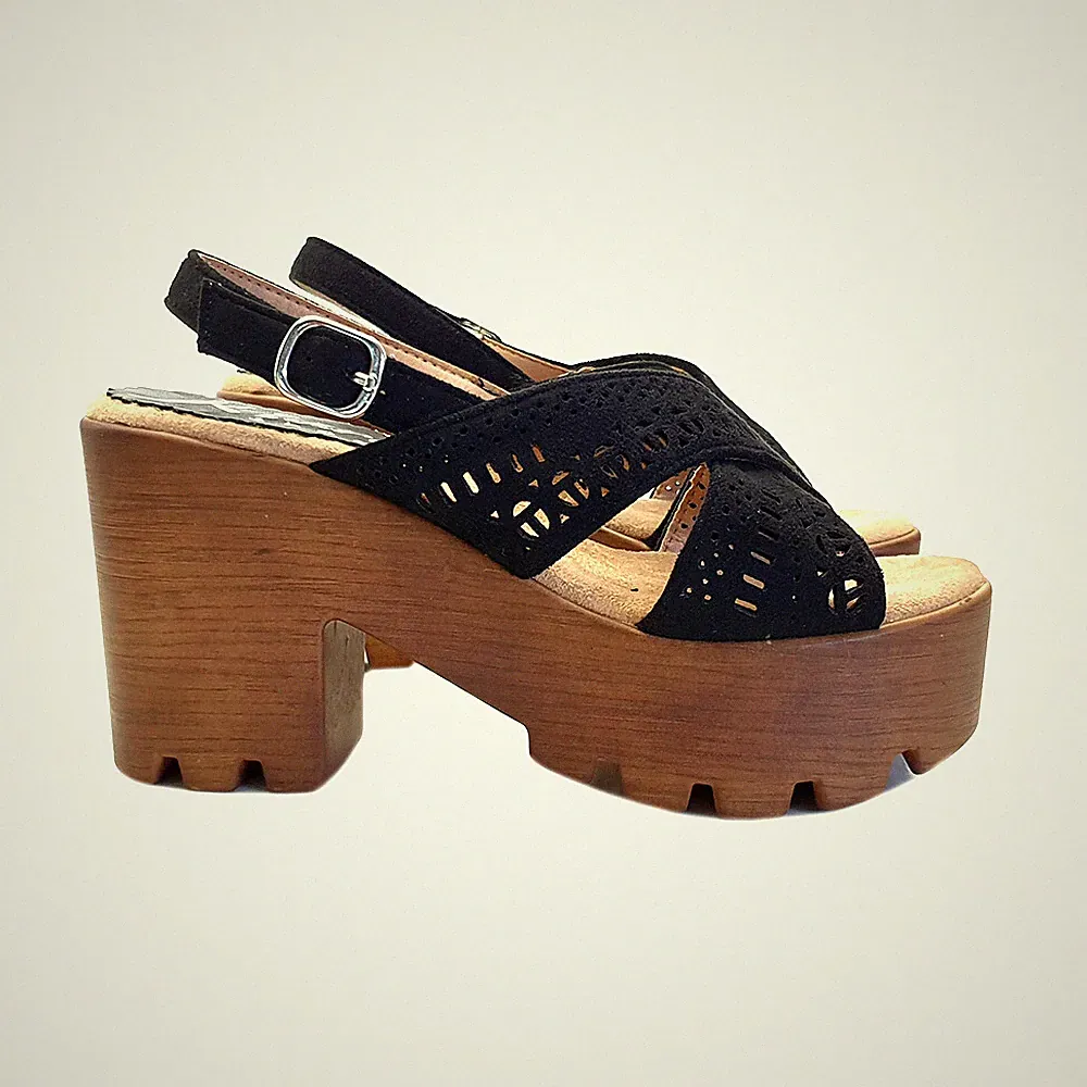 Bequeme Sandalen Absatz 9 cm verstellbarer Riemchen - KC9504 SCHWARZ