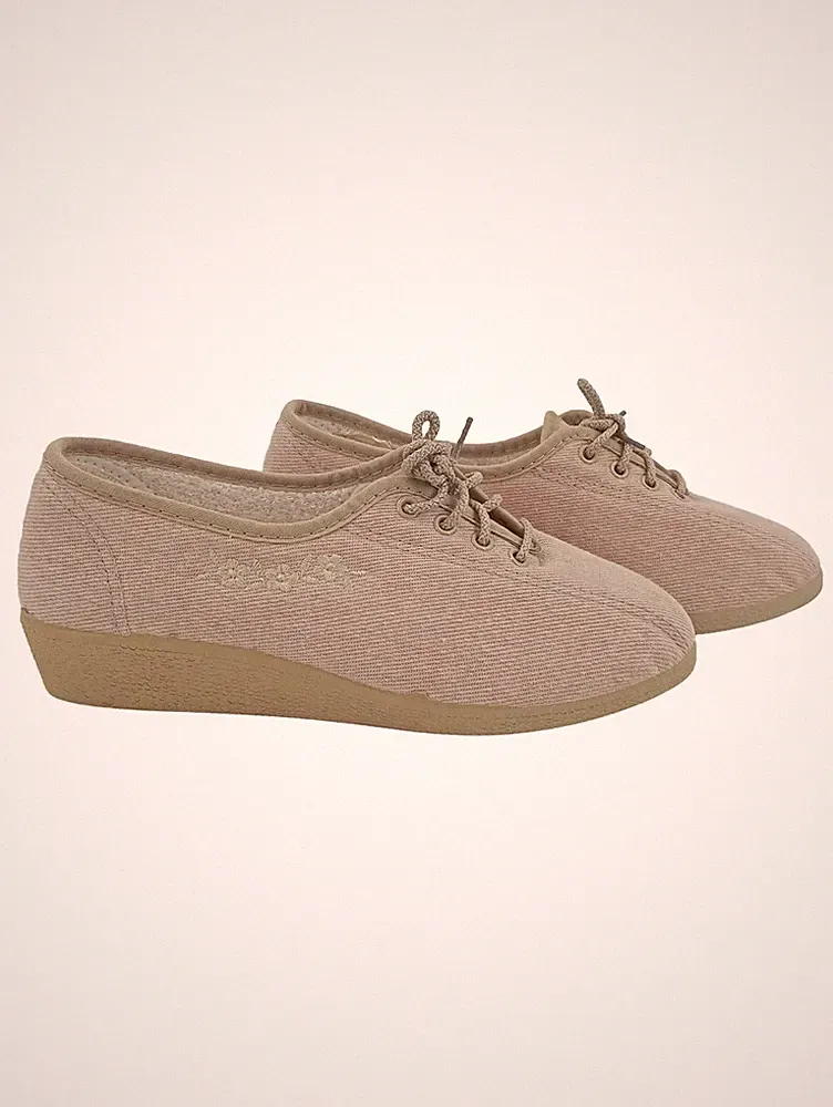 Beryl Chausseur Damen Schnürschuhe Beige Gr. 39 Canvas Keilabsatz Stickerei