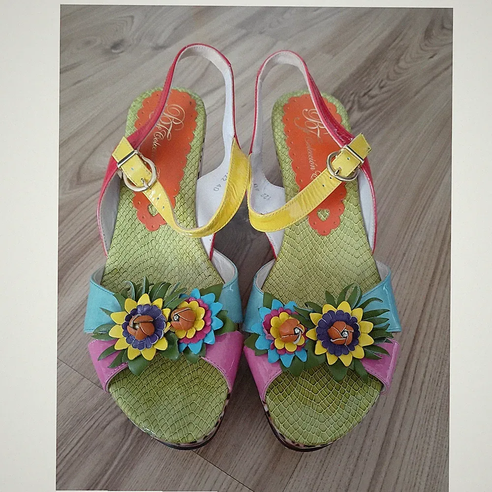 BF Colección Europa Damen Slingback Keilabsatz Sandalen Leder Leo Blumen EU 40
