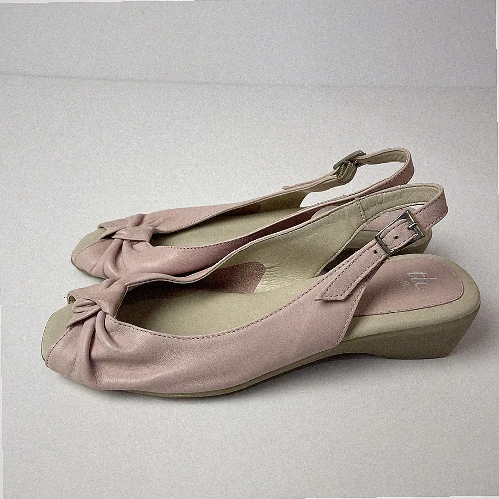 BHS Vintage Y2K rosa Leder offene Zehenpartie Fersenriemen Kätzchen Keilabsatz Sandalen UK 4