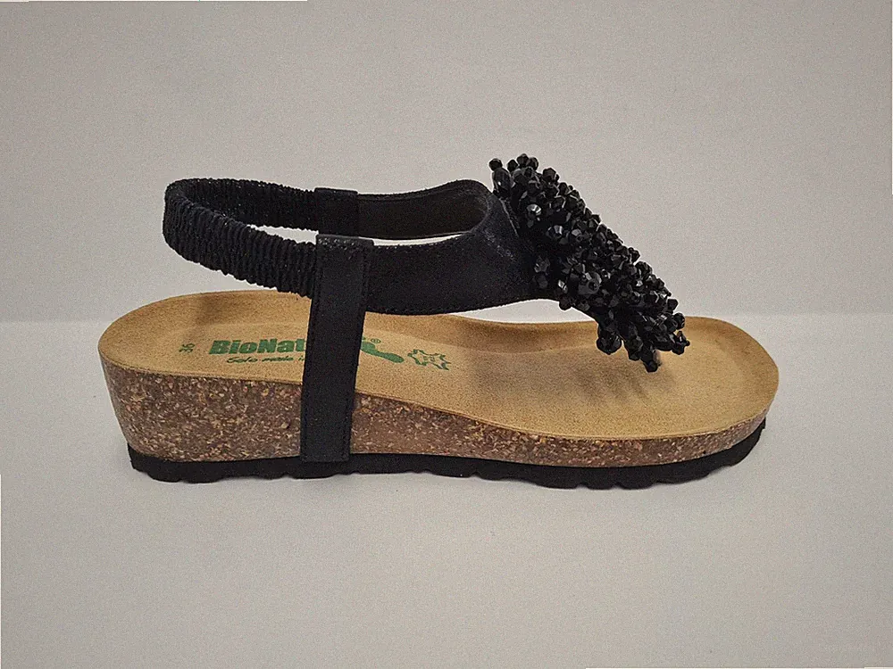 Bionatura Damen Sandale/Zehentrenner mit Keilabsatz, Gummizug und Accessoire - LMNER (Ne