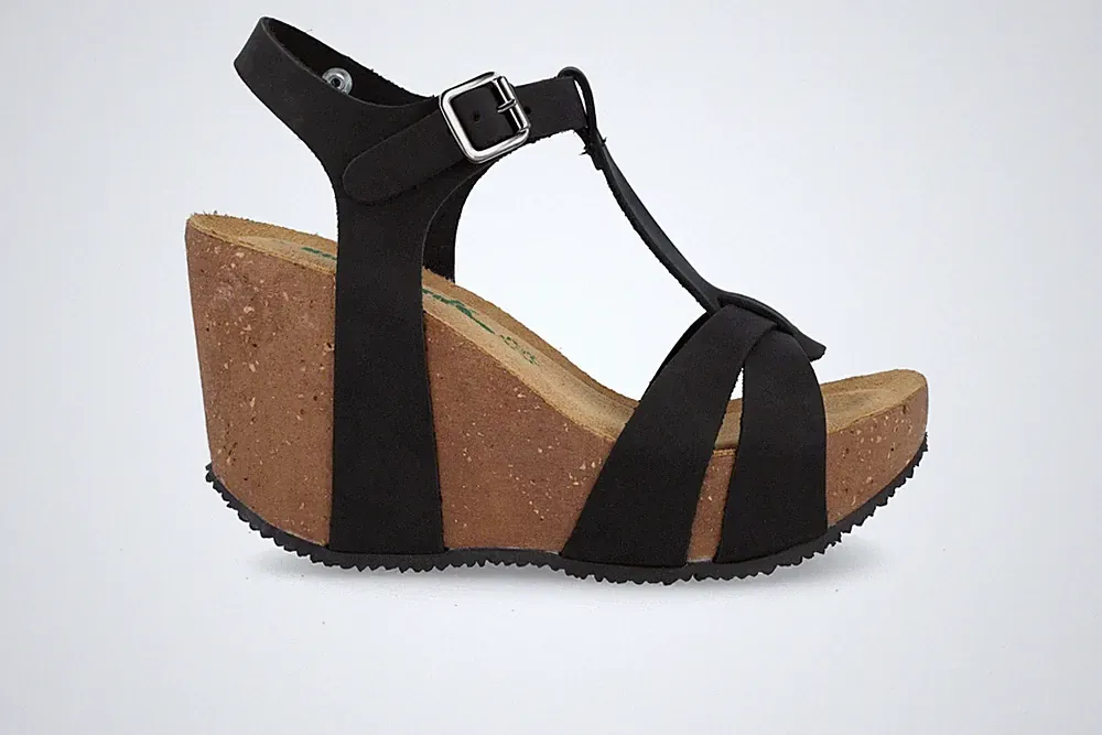 Bionatura Damen Sandalen mit Keilabsatz und Schnalle aus Nabukleder - NABNER (Schwarz)