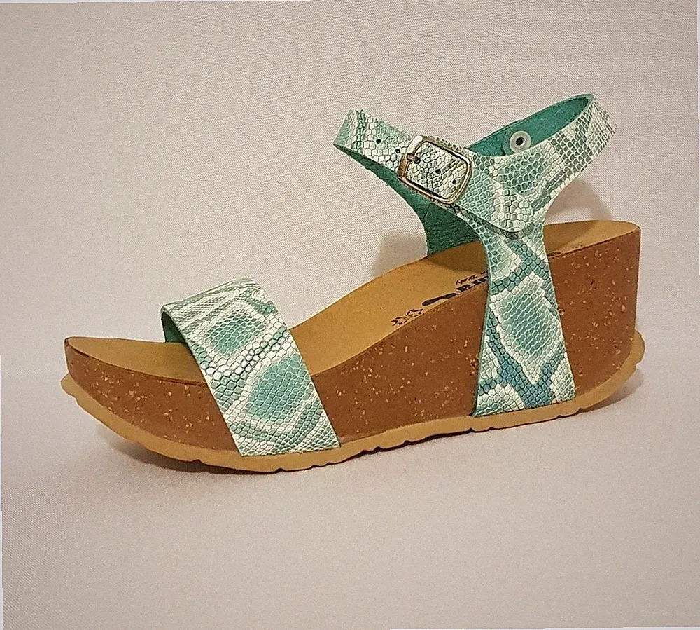 BIONATURA UVP 88 £ SCHLANGENGRÜN TÜRKIS BLAU LEDER KEILABSATZ SANDALEN SCHUHE DAMEN