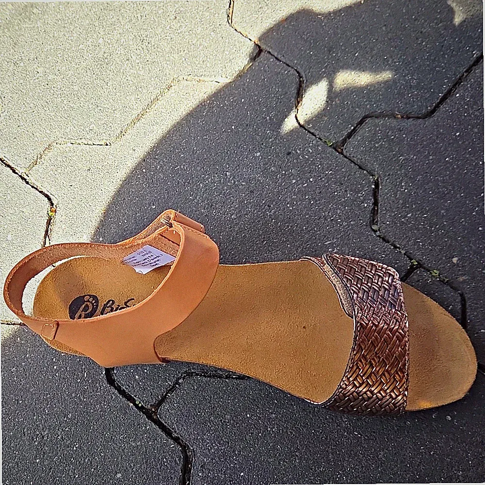 Biostep Damen Sandalen Riemchen Keilabsatz geflochten Klett Beige/Bronze 41