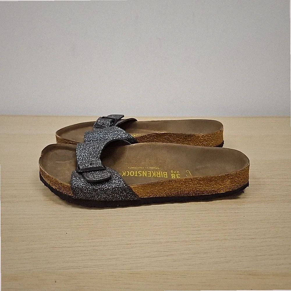 Birkenstock Madrid Silber Glitzer Single Strap Pantoletten Flach Sandalen UK 5 EU 38