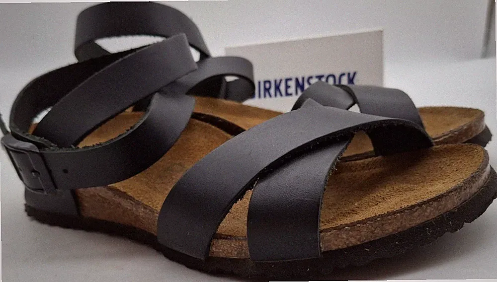 Birkenstock Papillio Keilabsatz, schwarz Leder Fesselriemchen UK 5, EUR 38 schmal