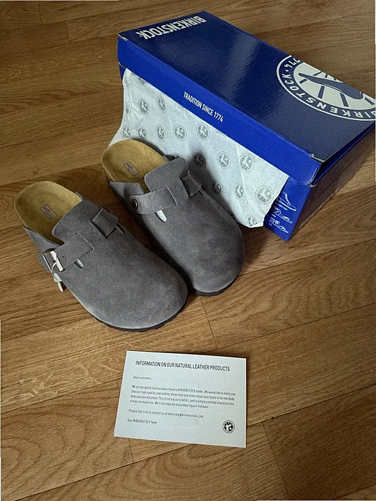 Birkenstock Sandalen Clogs Grau Wildleder Schnalle Schlupf EU 38