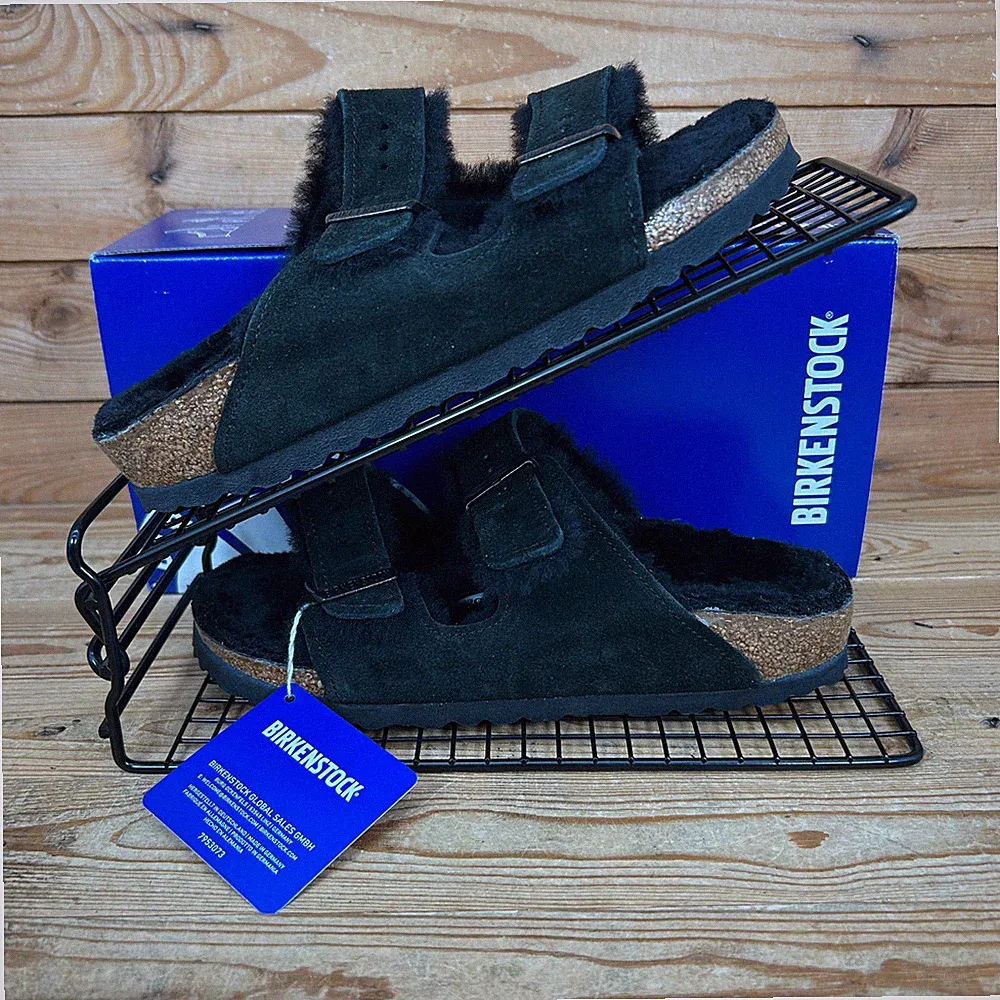 Birkenstock Sandalen Damen UK 5 Arizona schmal Lammfell schwarz Fell gefüttert Pantoletten
