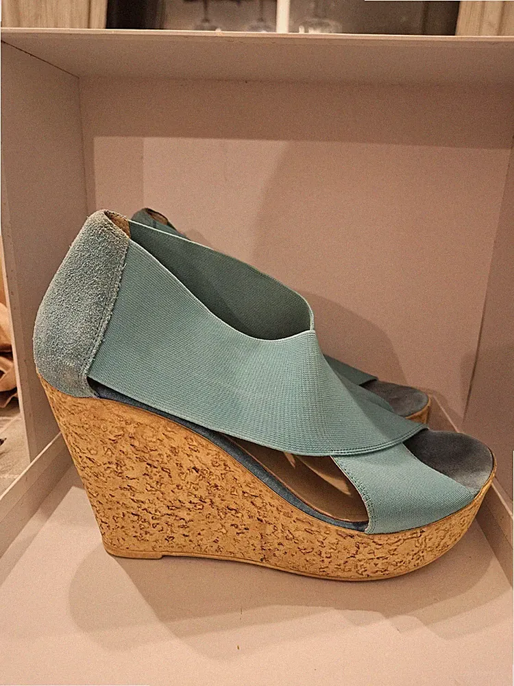 Blue cyan Elastic Wedge Heels Shoes Sandals womens 10 work prom wedding italy