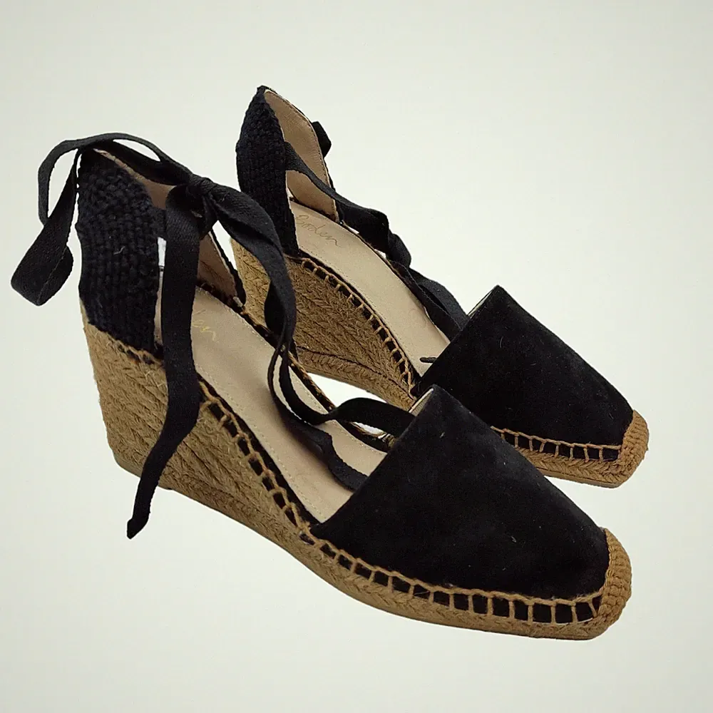 Boden Damen-Espadrille eckige Zehenpartie Veloursleder Keilabsatz schwarz UK-Größe 5 neu