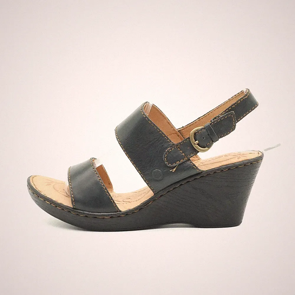 Born Damen Sandalen EU 37.5 CCL15 Schwarz Leder Gepolstert Keilabsatz