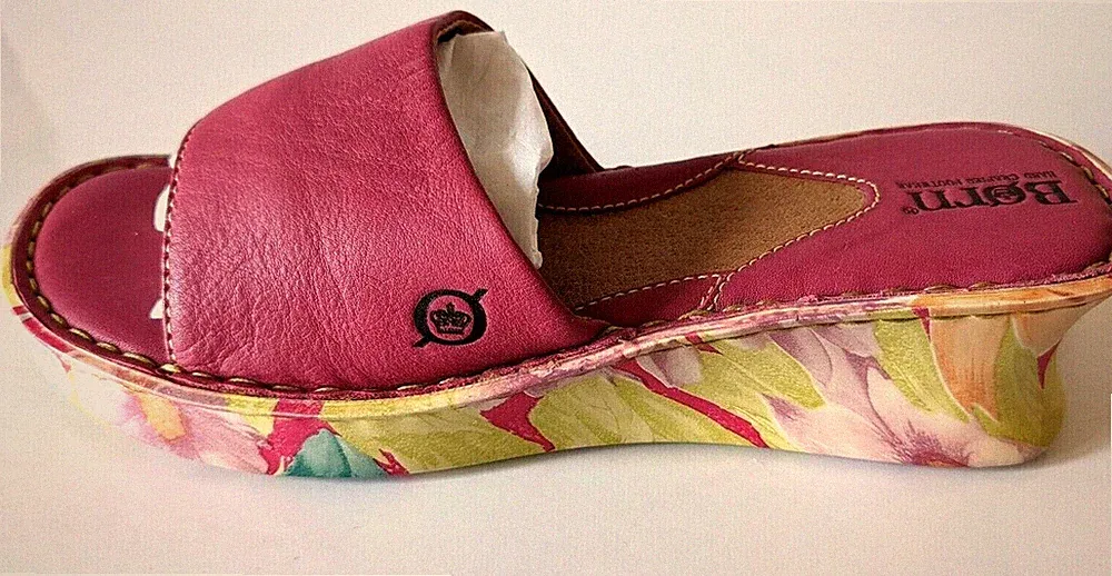 Born Women Sandals Hand Crafted Pink Floral Platform Genuine Leather Size 35 M/W