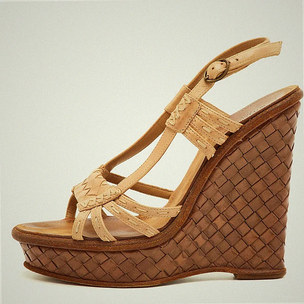 Bottega Veneta Gr.37 Beige Leder Slingback Plateau Keilabsatz Sandalen