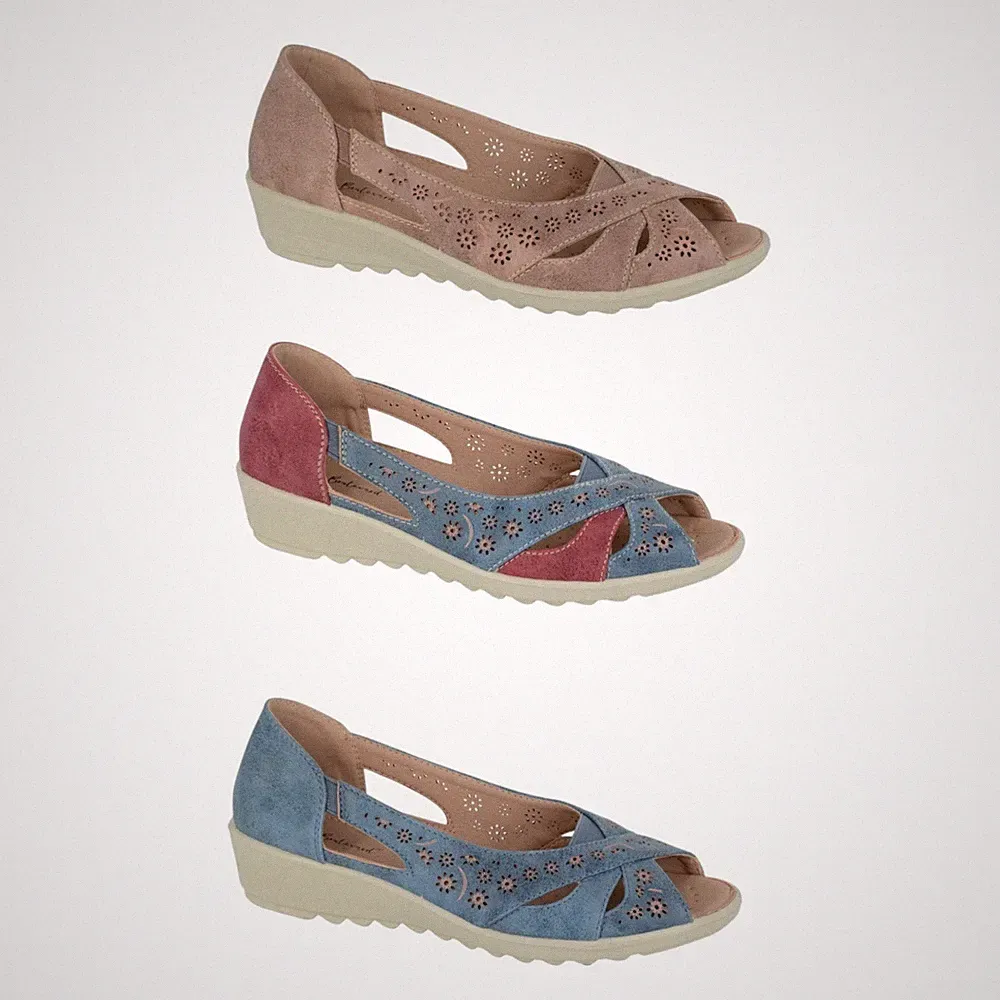 Boulevard Damen-Sandalen breite Passform E Keilabsatz Kunstleder Crossover zehenfrei 3–9