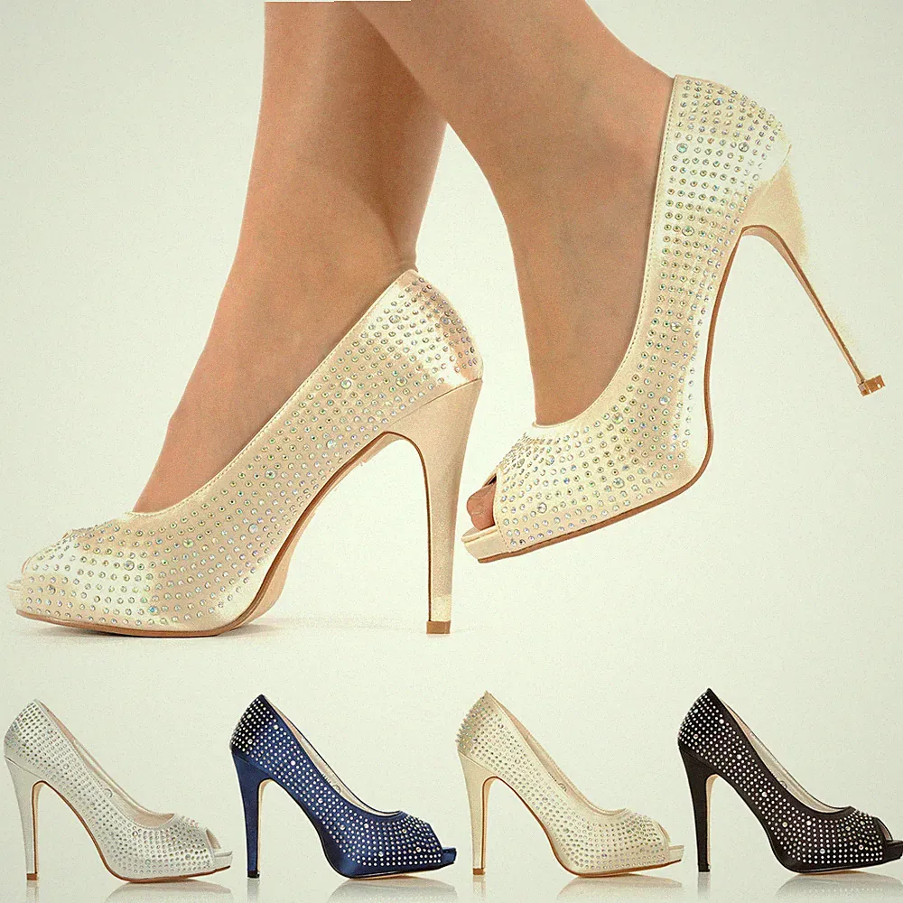 BRANDNEU HOCHZEITSABSCHLUSSBALL PARTY ABEND DIAMANT HIGH HEELS PEEP TOE SCHUHE GRÖSSE 3-8