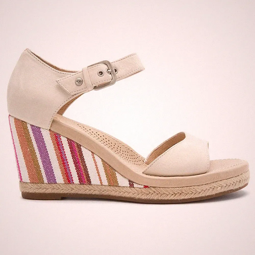 BRANDNEU UGG ATASHA CREME LEDER GESTREIFT KEILABSATZ SANDALEN GRÖSSE 5,5/38