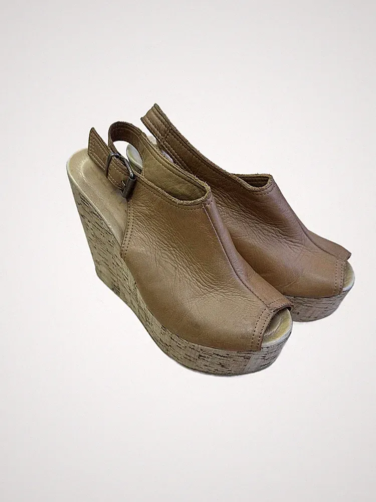 Braune Leder Keilabsatz Peeptoe Sandalen mit Kork Plateau