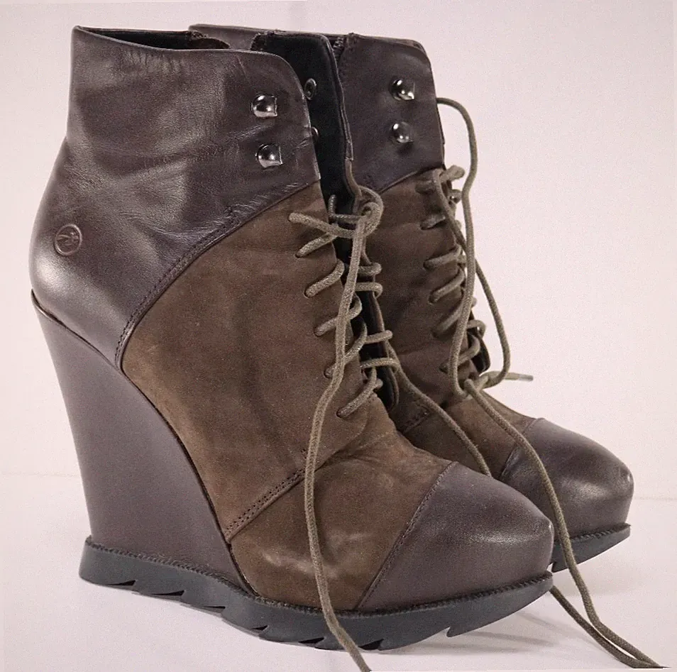 BRONX Damen Keilabsatz 11cm Gr. 38 Braun Leder Wildleder Schnürboots High Heels