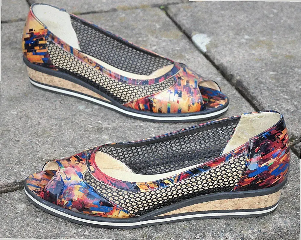 BRUNATE Peeptoe Damen Gr. ca. 38 Keilabsatz Mesh Leder bunt Italy 👠