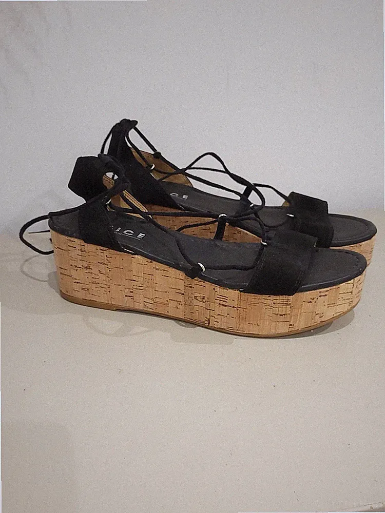 Büro Plateau Keilabsatz Espadrille Sandalen UK Größe 7 EU 41 schwarz Knöchelriemen