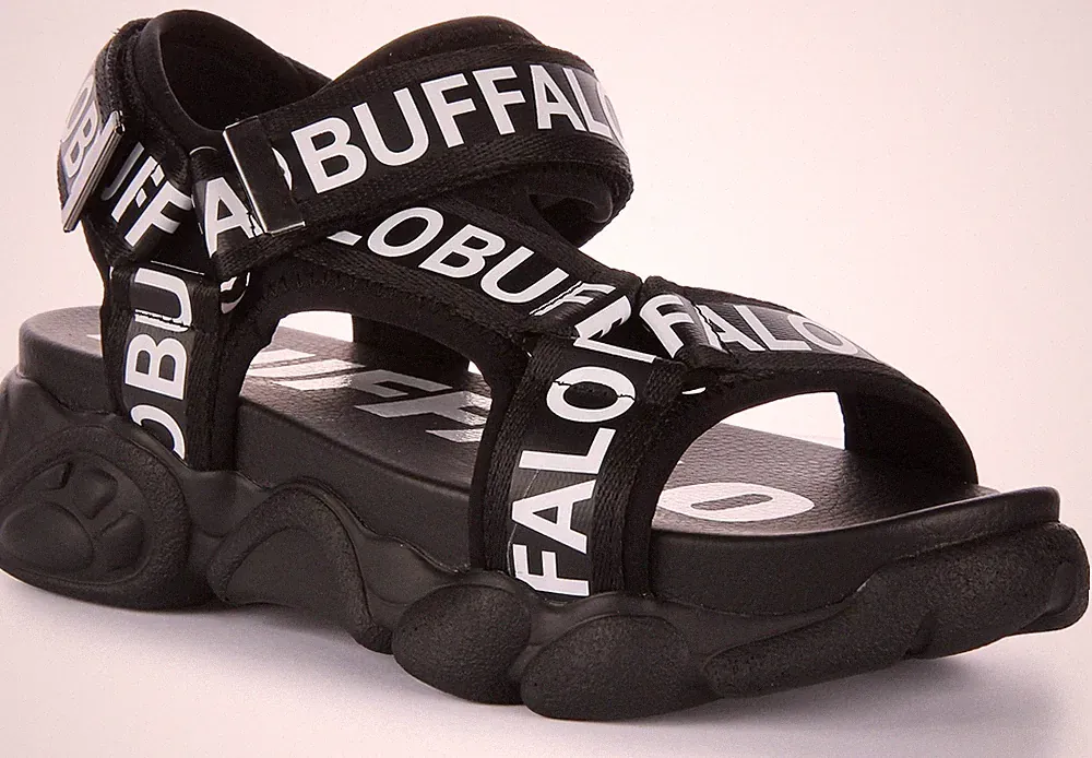 Buffalo Cld Tec Allover Printed Logo Vegan Plateau Schwarz Weiß Damen UK 3 – 7