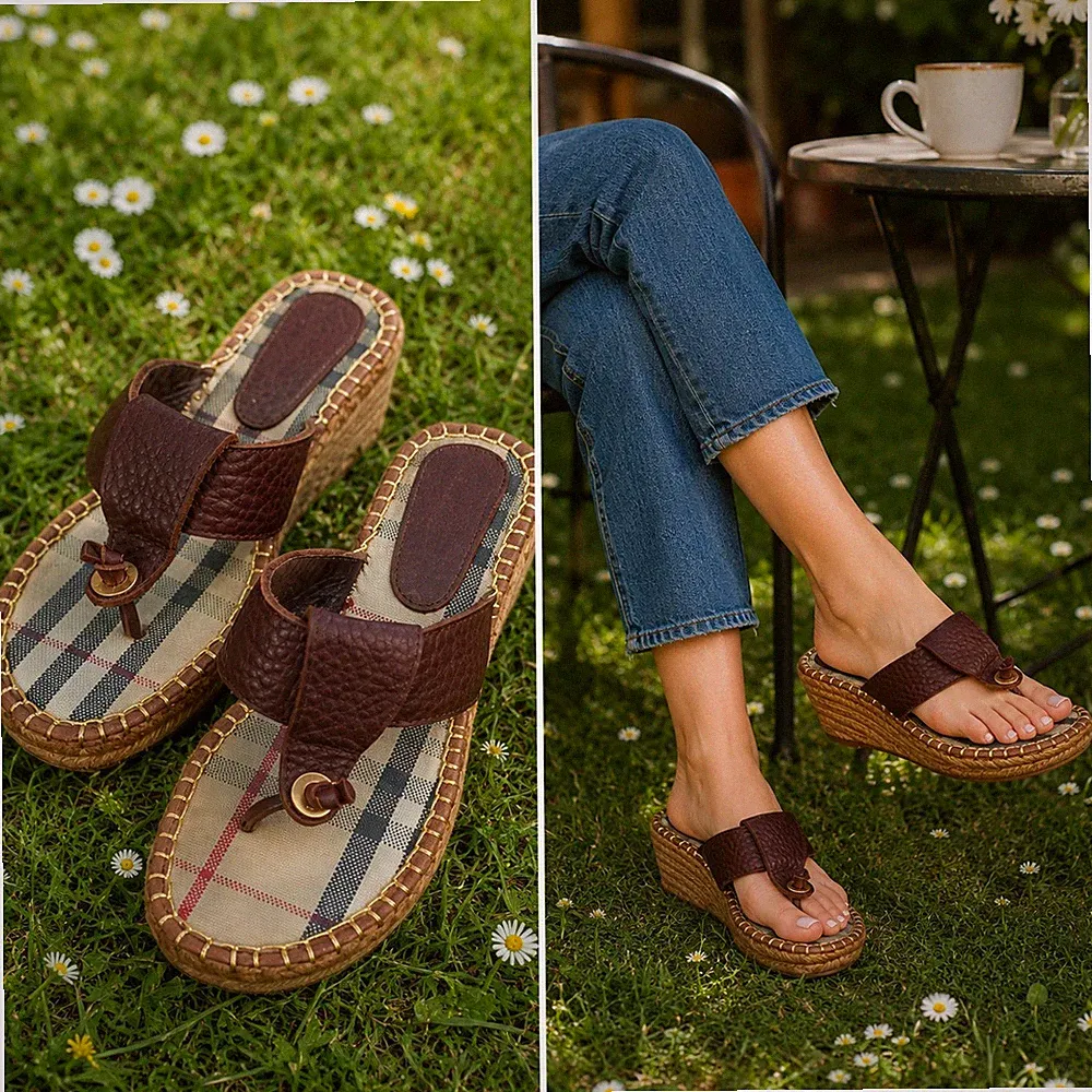 Burberry Nova Check braune Leder Zehenstegsandalen Keilabsatz UK 4