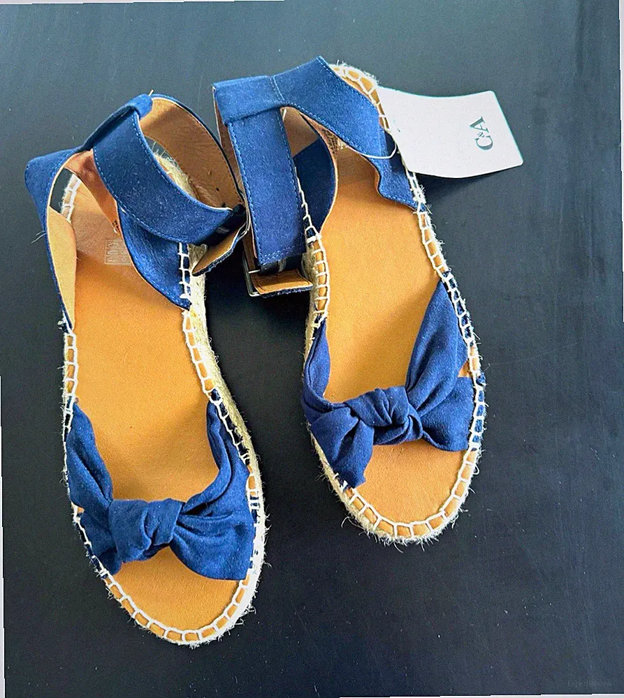 C&A Damen Espadrille-Sandalen Keilabsatz Blau Schleife Knöchelriemen EU 38