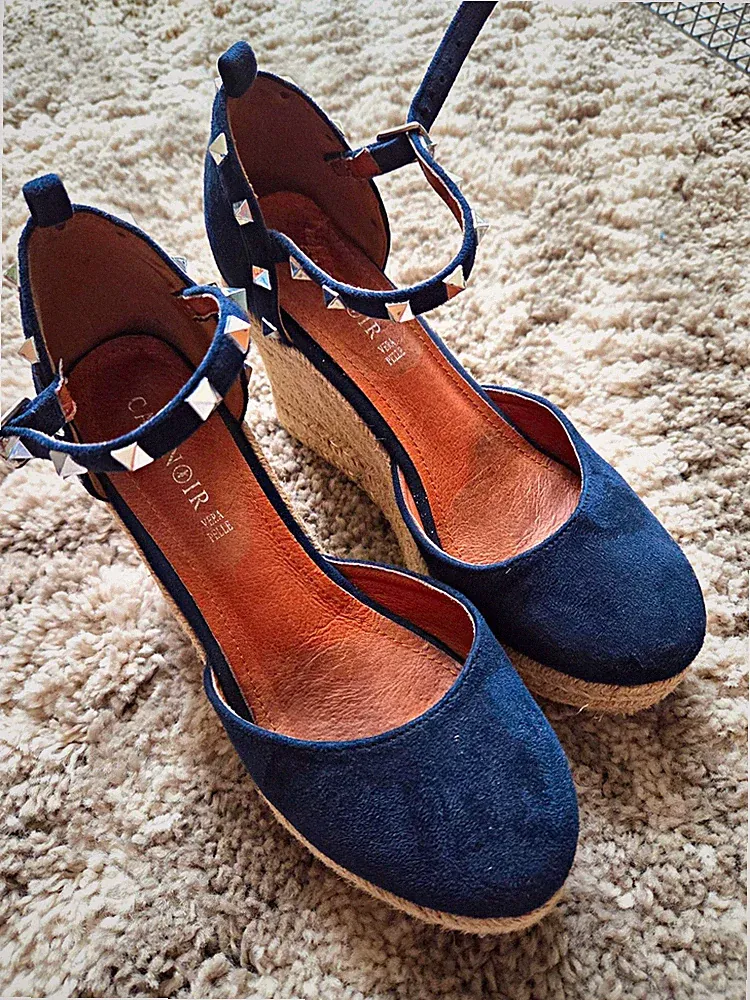 CafèNoir Damen Espadrille-Sandalen Keilabsatz blau Nieten Gr. 40