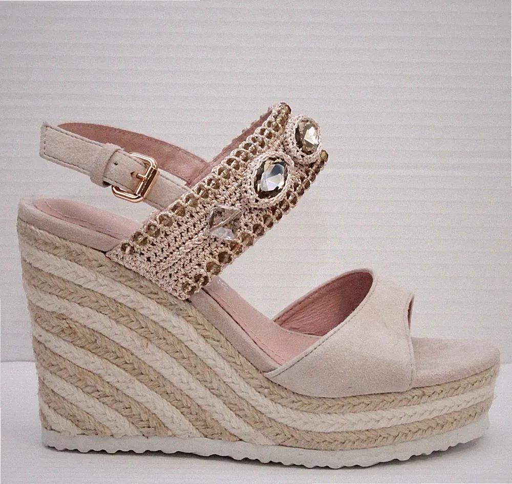Cafè Noir Damen Sandalen Aus Wildleder Mit Schmuckdetail Und Keil Aus Jute HG552