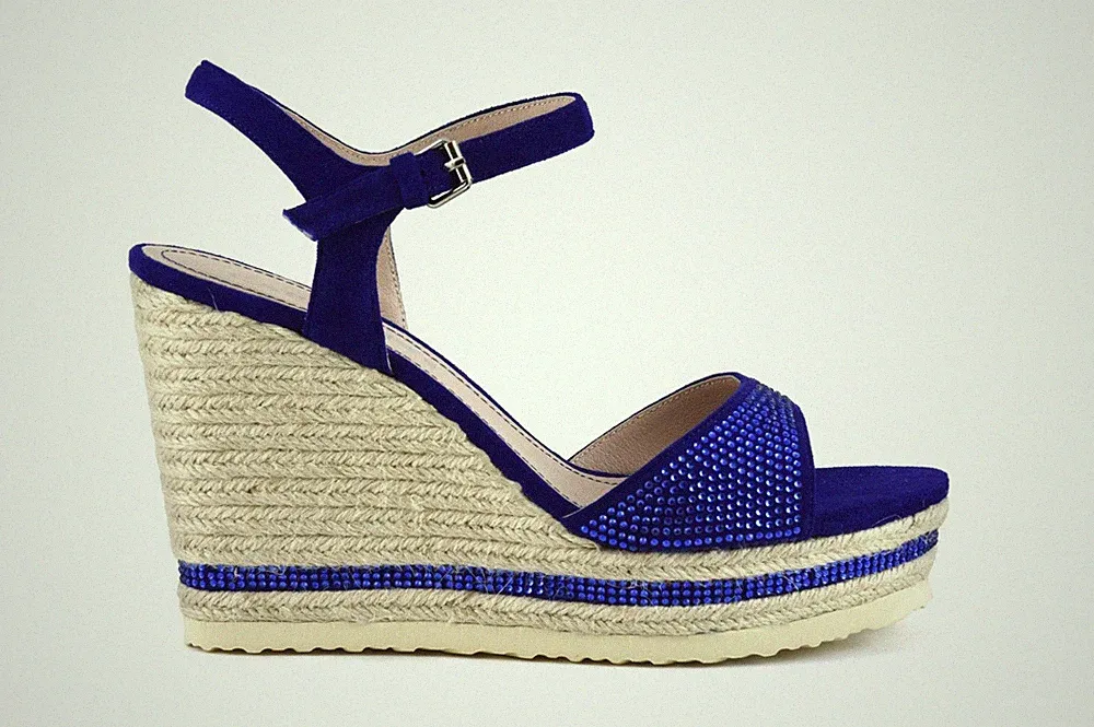 CAFÈ NOIR DAMEN SANDALEN AUS WILDLEDER MIT STRASS UND KORDELKEILABSATZ, BLUETTE ART. HG933