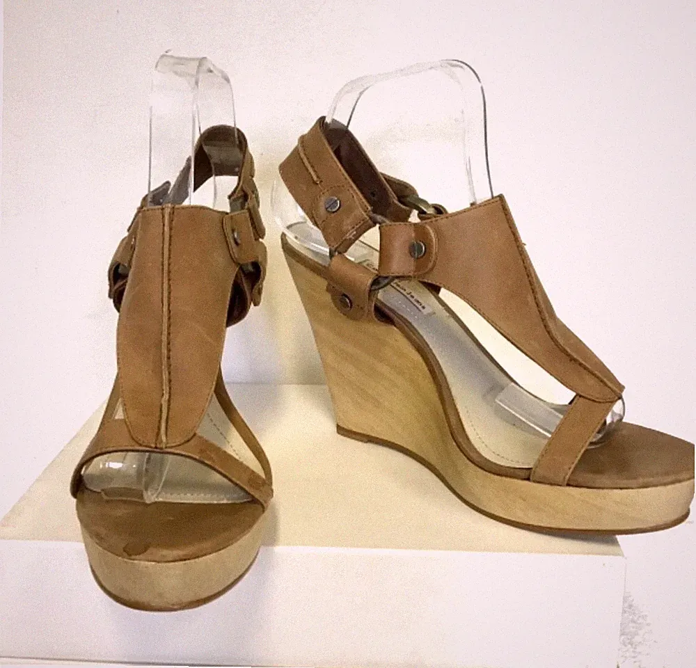 CALVIN KLEIN JEANS HELLBRAUN LEDER HOLZ KEILABSATZ SANDALEN GRÖSSE 7/40