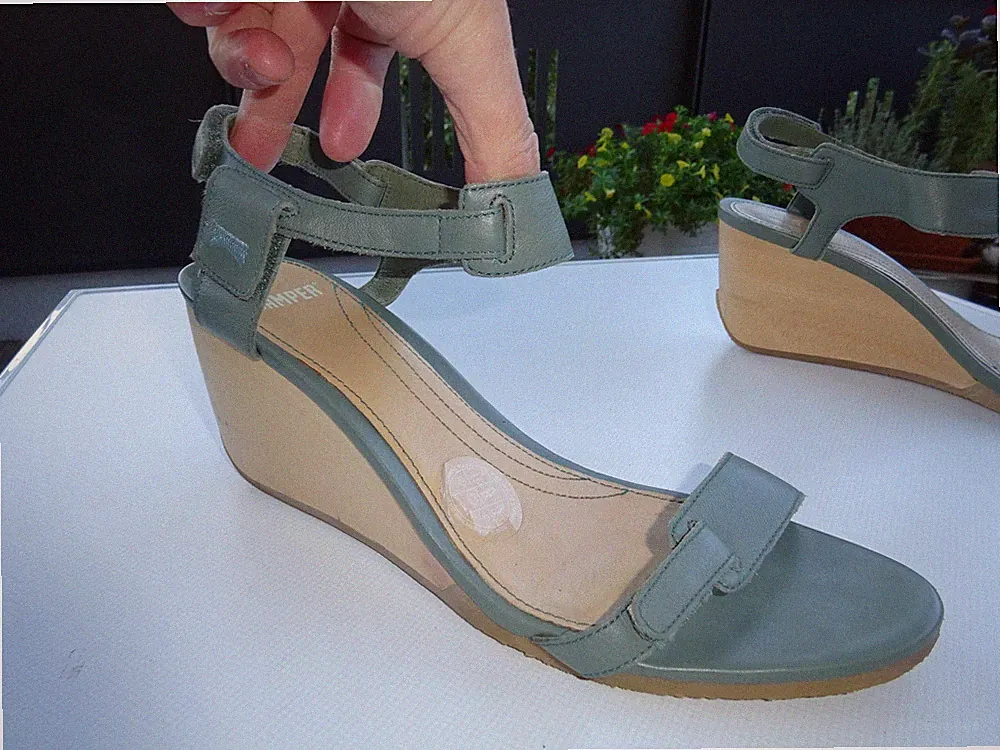 CAMPER 20674-003 Schuhe Keilabsatz Sandalen Leder Holz Klett Türkis Gr.41 Neuw