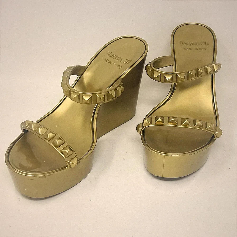 Carmen Sol Tonino Women Sandals 10 Metallic Gold Jelly Wedge Heels Studded Italy