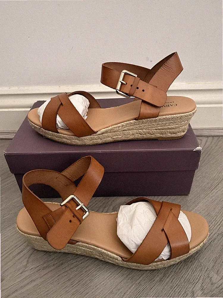 Carvela bequeme braune Damen-Espadrille-Ledersandalen mit Keilabsatz Größe UK 7 neu im Karton