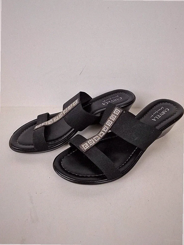 Carvela Lorenzo Damen-Sandalen niedriger Keilabsatz Gummizug UK 5 schwarz Diamanten