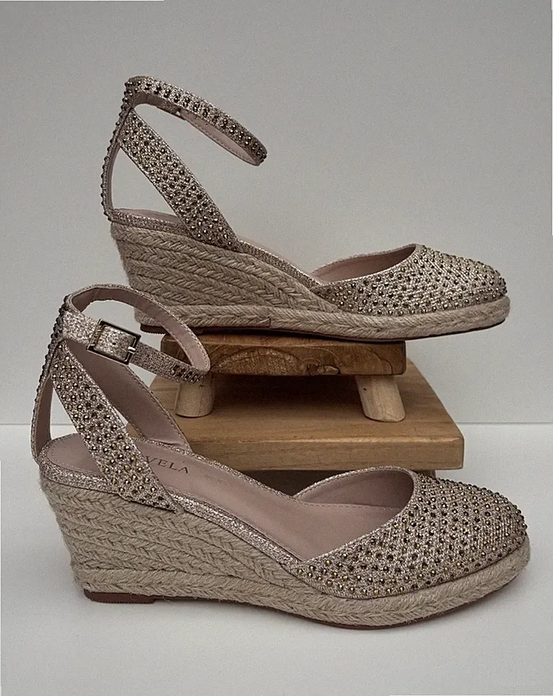 Carvela UK 5 EU 38 Gold Stoff Sommer Plateau Keilabsatz Riemchen Anlass Sandalen