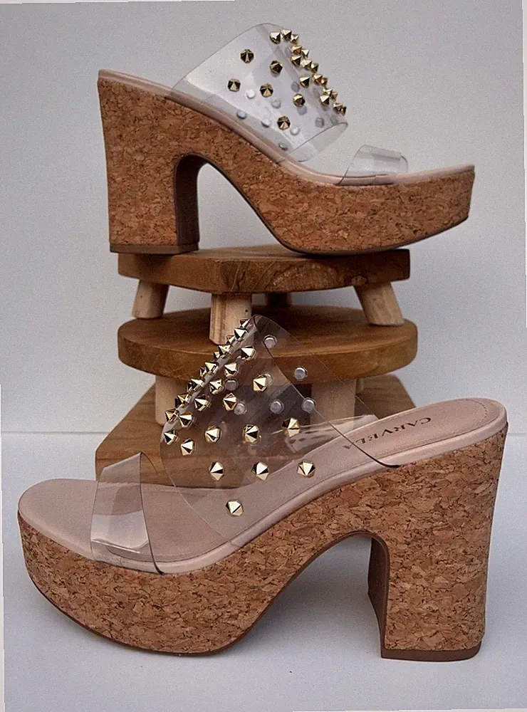 Carvela UK 5 EU 38 Nieten Detail Kork Keilabsatz Plateau Blockabsatz Slipper Sandalen