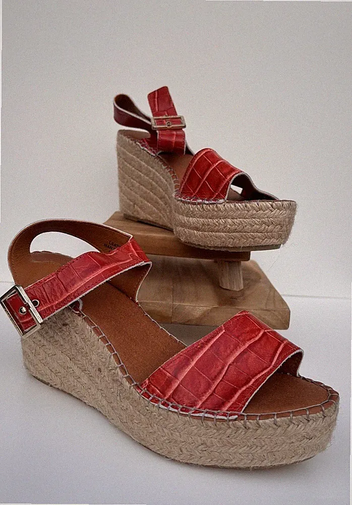 Carvela UK 7 EU 40 Orange Kroko Print Leder Sommer Keilabsatz Plateau Espadrilles