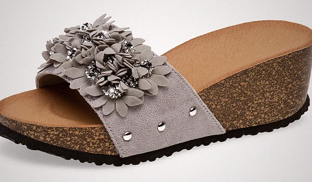 Caspar S02 Damen Sommer Pantoletten Sandalen Sandaletten Keilabsatz Blumen Dekor