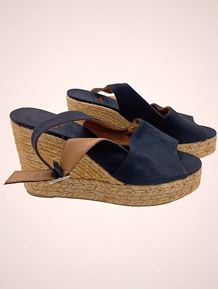 Castañer Damen Espadrilles Keilabsatz Gr. 40 Navy Blau Jute Wedge Sandalen