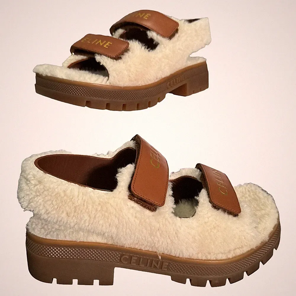 Celine Chunky Sandalen Keilabsatz Plateau Sandalen Lammfell Kalbsleder Größe UK 2 EU 35