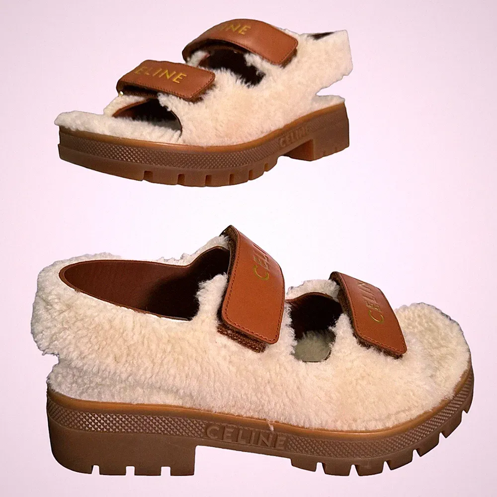Celine Chunky Sandalen Keilabsatz Plateau Sandalen Lammfell Kalbsleder Größe UK 3 EU 36