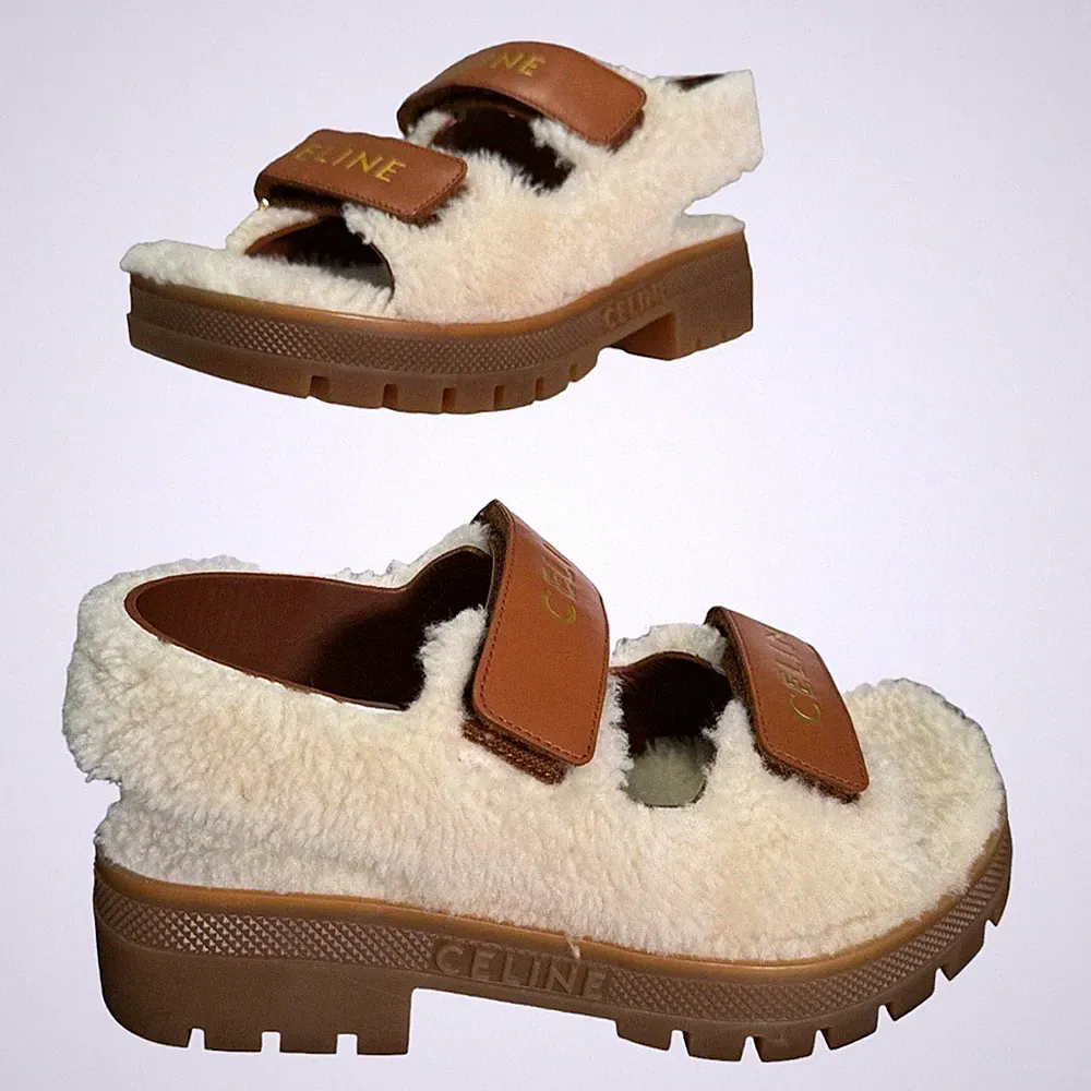 Celine Chunky Sandalen Keilabsatz Plateau Sandaletten Lammfell Kalbsleder Größe UK 5 EU 38