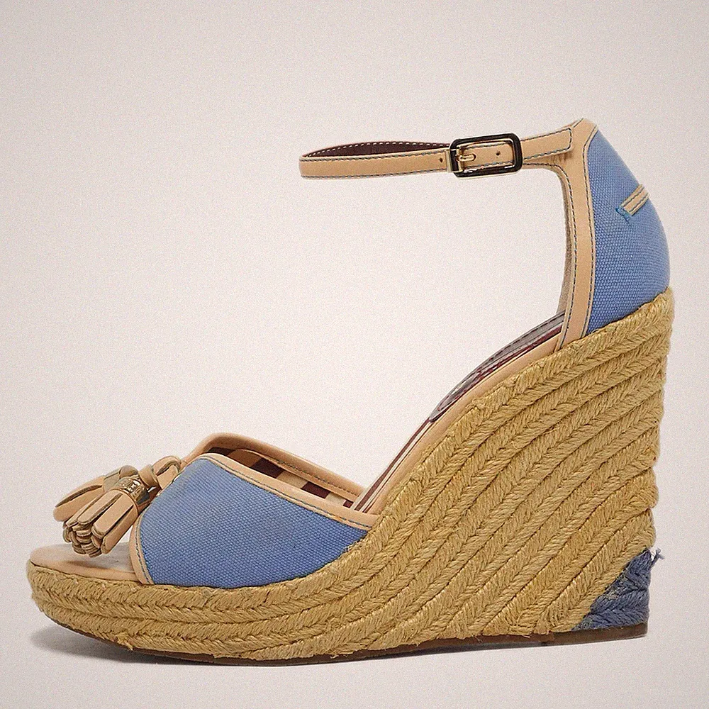 Celine Gr.40 Blau Beige Canvas Quaste Espadrille Plateau Keilabsatz Sandalen