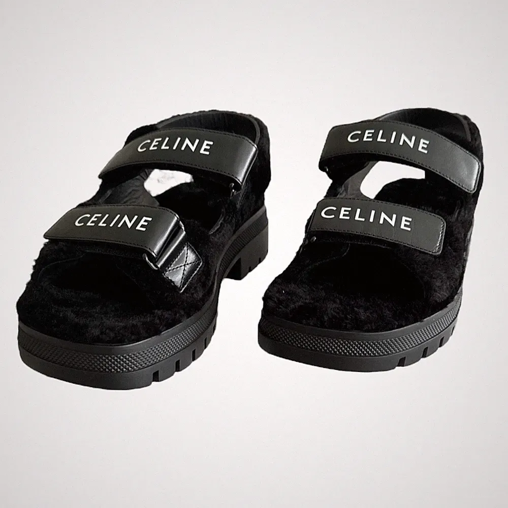 Celine Sandalen Größe 5 Keilabsatz Plateau Chunky Sandaletten Lammfell Kalbsleder EU 38
