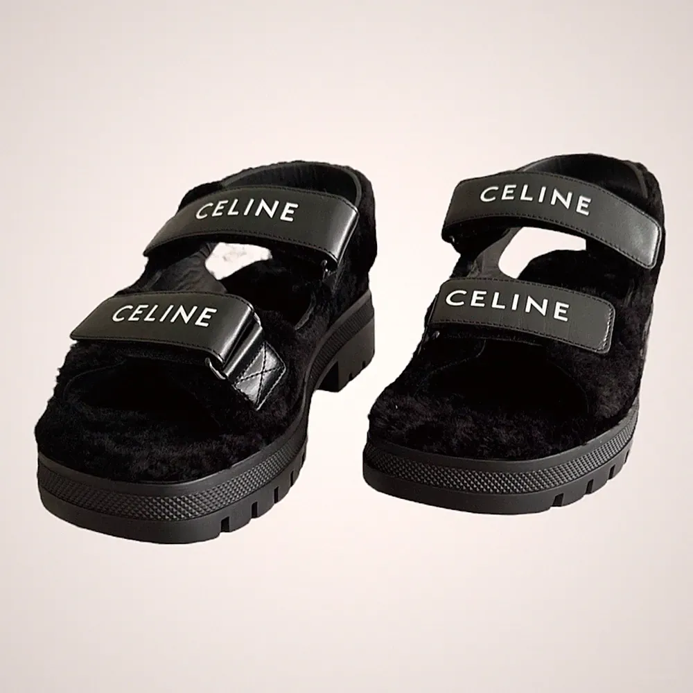 Celine Sandalen Keilabsatz Plateau Chunky Sandaletten Lammfell Kalbsleder Größe UK 6 EU 39