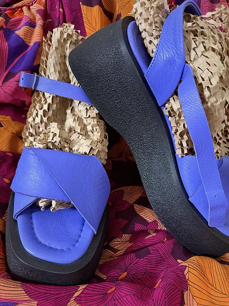 Cesare Gaspari Damen Keilabsatz Sandalen Blau/Schwarz Leder EU 40 US 9 B