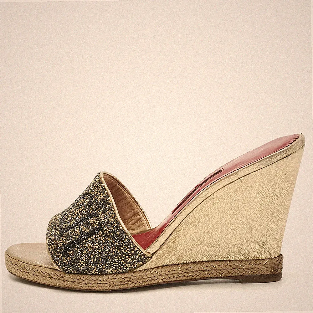 CH Carolina Herrera Metallic Glitzer und Leder Keilabsatz Espadrille Sandalen...